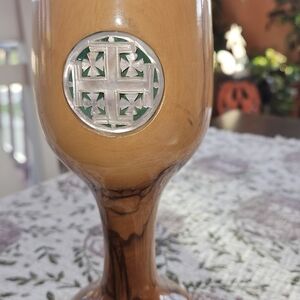 Wooden Jerusalem Chalice With Gold Top & Mother Of Pearl Cross